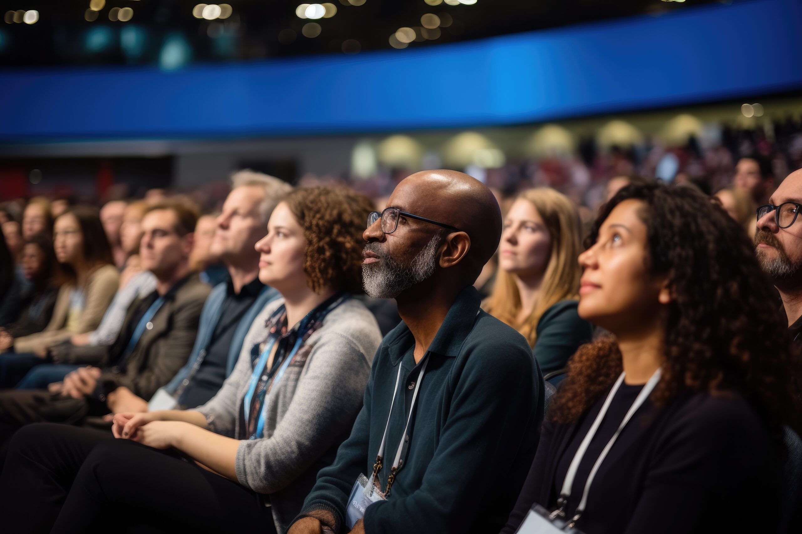 Speaker at Business Conference and Presentation. Audience at the conference hall. Business and Entrepreneurship, A diverse audience listening intently to a keynote address, AI Generated