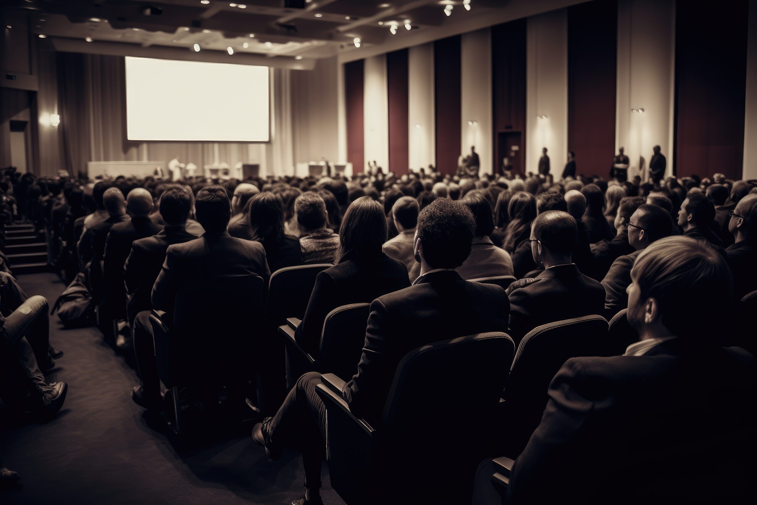 Speaker Giving a Talk at Business Meeting. Audience in the conference hall. Business and Entrepreneurship, Back view of audience in the conference hall, AI Generated